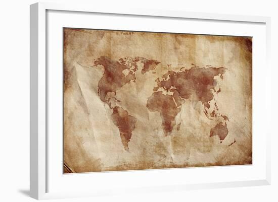 Aged World Map on Dirty Paper-null-Framed Art Print