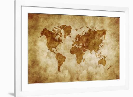 Aged World Map on Dirty Paper-null-Framed Art Print