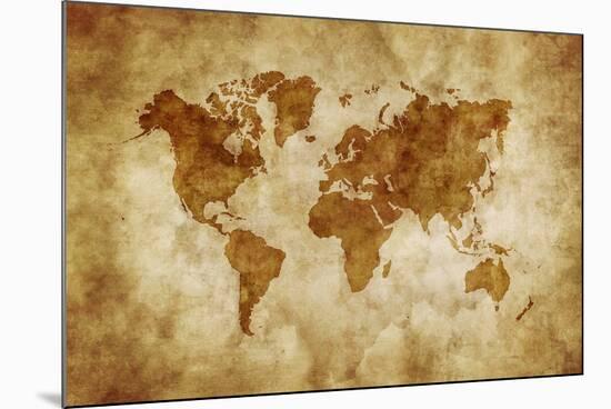 Aged World Map on Dirty Paper-null-Mounted Art Print