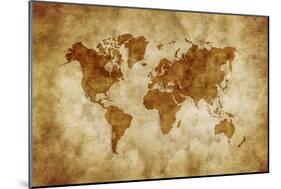 Aged World Map on Dirty Paper-null-Mounted Art Print