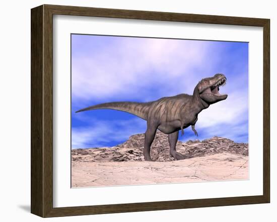 Aggressive Tyrannosaurus Rex Dinosaur in the Desert-null-Framed Art Print