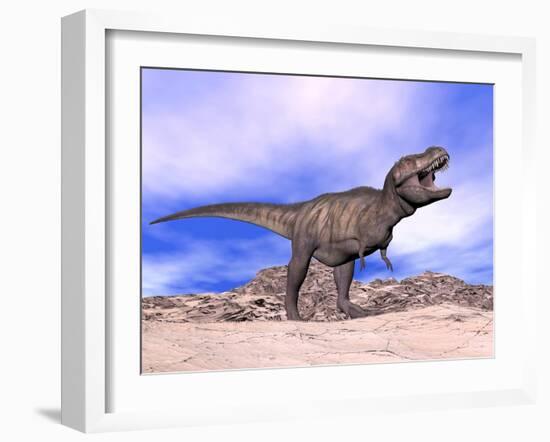 Aggressive Tyrannosaurus Rex Dinosaur in the Desert-null-Framed Art Print