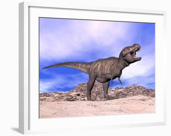 Aggressive Tyrannosaurus Rex Dinosaur in the Desert-null-Framed Art Print