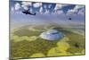 Ah-64 Apache Black Ops Helicopters Flying around a Crop Circle with Ufo at Center-null-Mounted Premium Giclee Print