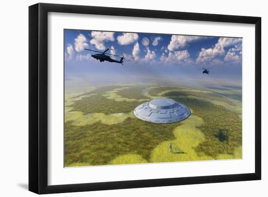 Ah-64 Apache Black Ops Helicopters Flying around a Crop Circle with Ufo at Center-null-Framed Art Print