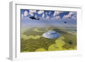 Ah-64 Apache Black Ops Helicopters Flying around a Crop Circle with Ufo at Center-null-Framed Art Print