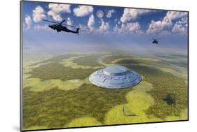 Ah-64 Apache Black Ops Helicopters Flying around a Crop Circle with Ufo at Center-null-Mounted Art Print