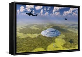 Ah-64 Apache Black Ops Helicopters Flying around a Crop Circle with Ufo at Center-null-Framed Stretched Canvas