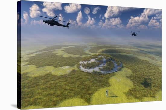 Ah-64 Apache Black Ops Helicopters Flying around a Crop Circle with Ufo at Center-null-Stretched Canvas