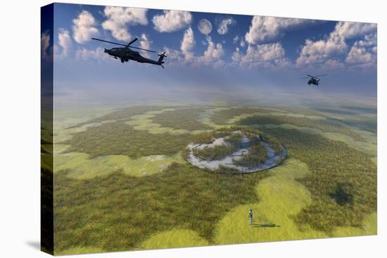 Ah-64 Apache Black Ops Helicopters Flying around a Crop Circle with Ufo at Center-null-Stretched Canvas