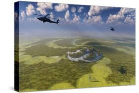 Ah-64 Apache Black Ops Helicopters Flying around a Crop Circle with Ufo at Center-null-Stretched Canvas