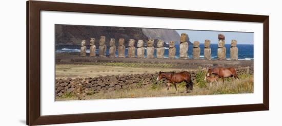 Ahu Tongariki, Easter Island, Chile. Three horses walk in front of the Moai.-Karen Ann Sullivan-Framed Photographic Print