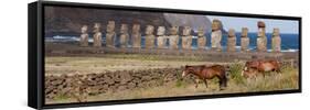 Ahu Tongariki, Easter Island, Chile. Three horses walk in front of the Moai.-Karen Ann Sullivan-Framed Stretched Canvas