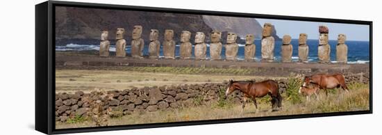 Ahu Tongariki, Easter Island, Chile. Three horses walk in front of the Moai.-Karen Ann Sullivan-Framed Stretched Canvas