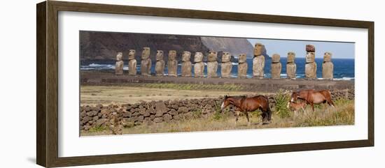 Ahu Tongariki, Easter Island, Chile. Three horses walk in front of the Moai.-Karen Ann Sullivan-Framed Photographic Print