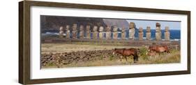 Ahu Tongariki, Easter Island, Chile. Three horses walk in front of the Moai.-Karen Ann Sullivan-Framed Photographic Print