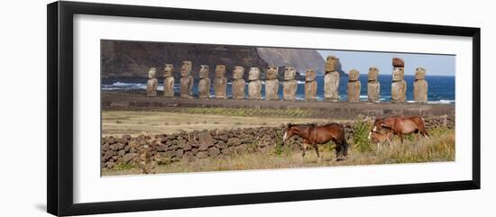 Ahu Tongariki, Easter Island, Chile. Three horses walk in front of the Moai.-Karen Ann Sullivan-Framed Photographic Print