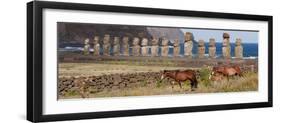 Ahu Tongariki, Easter Island, Chile. Three horses walk in front of the Moai.-Karen Ann Sullivan-Framed Photographic Print