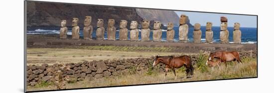 Ahu Tongariki, Easter Island, Chile. Three horses walk in front of the Moai.-Karen Ann Sullivan-Mounted Photographic Print