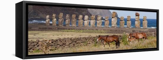 Ahu Tongariki, Easter Island, Chile. Three horses walk in front of the Moai.-Karen Ann Sullivan-Framed Stretched Canvas