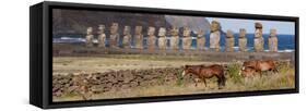 Ahu Tongariki, Easter Island, Chile. Three horses walk in front of the Moai.-Karen Ann Sullivan-Framed Stretched Canvas