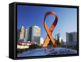 Aids Ribbon Sculpture with Downtown Skyscrapers in Background, Durban, Kwazulu-Natal, South Africa-Ian Trower-Framed Stretched Canvas