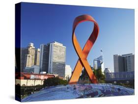 Aids Ribbon Sculpture with Downtown Skyscrapers in Background, Durban, Kwazulu-Natal, South Africa-Ian Trower-Stretched Canvas