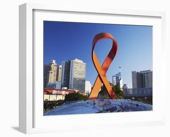 Aids Ribbon Sculpture with Downtown Skyscrapers in Background, Durban, Kwazulu-Natal, South Africa-Ian Trower-Framed Photographic Print