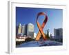Aids Ribbon Sculpture with Downtown Skyscrapers in Background, Durban, Kwazulu-Natal, South Africa-Ian Trower-Framed Photographic Print