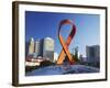 Aids Ribbon Sculpture with Downtown Skyscrapers in Background, Durban, Kwazulu-Natal, South Africa-Ian Trower-Framed Photographic Print