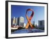 Aids Ribbon Sculpture with Downtown Skyscrapers in Background, Durban, Kwazulu-Natal, South Africa-Ian Trower-Framed Photographic Print