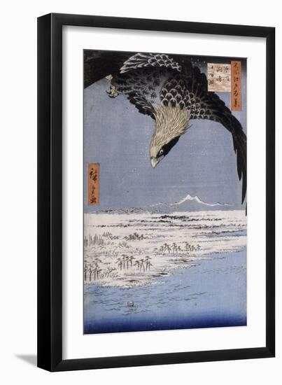 Aigle au-dessus des champs de Susaki à Fukagawa-Ando Hiroshige-Framed Giclee Print