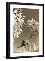 Airborne Skier Amid Frost-Laden Trees-null-Framed Art Print