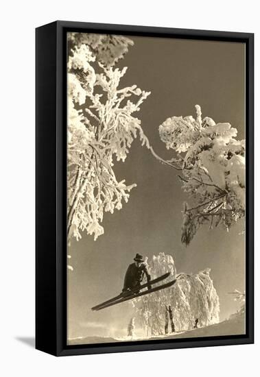 Airborne Skier Amid Frost-Laden Trees-null-Framed Stretched Canvas