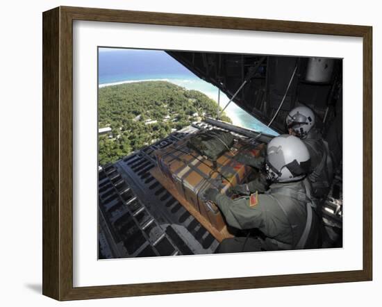 Airmen Push Out a Pallet of Donated Goods over the Island of Yap from C-130 Hercules, Dec 19, 2008-Stocktrek Images-Framed Photographic Print