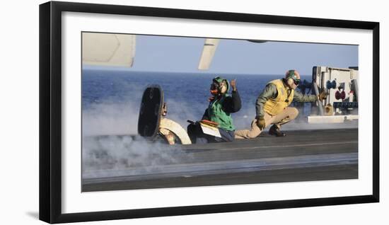 Airmen Signal During a Launch on the Flight Deck of USS Nimitz-null-Framed Photographic Print