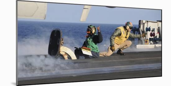 Airmen Signal During a Launch on the Flight Deck of USS Nimitz-null-Mounted Photographic Print