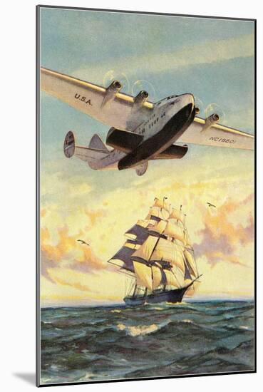 Airplane and Full-Rigged Clipper Ship-null-Mounted Art Print