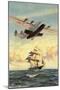 Airplane and Full-Rigged Clipper Ship-null-Mounted Art Print