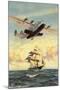 Airplane and Full-Rigged Clipper Ship-null-Mounted Art Print