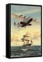 Airplane and Full-Rigged Clipper Ship-null-Framed Stretched Canvas