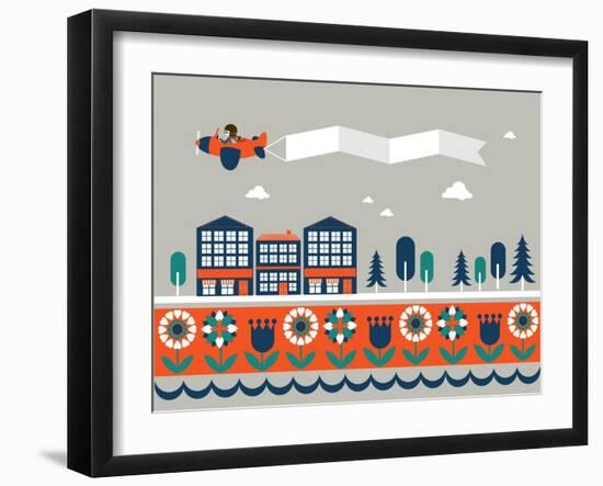 Airplane Banner City Vector/Illustration-lyeyee-Framed Art Print