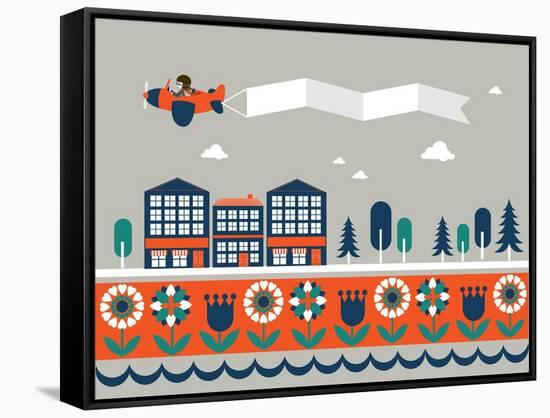 Airplane Banner City Vector/Illustration-lyeyee-Framed Stretched Canvas