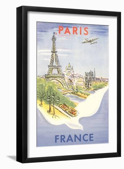 Airplane Flying over Paris, France-null-Framed Art Print