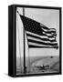Airplane on Battleship Deck with American Flag in Foreground, World War II-null-Framed Stretched Canvas