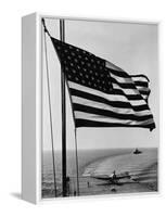 Airplane on Battleship Deck with American Flag in Foreground, World War II-null-Framed Stretched Canvas