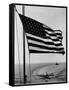 Airplane on Battleship Deck with American Flag in Foreground, World War II-null-Framed Stretched Canvas