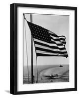 Airplane on Battleship Deck with American Flag in Foreground, World War II-null-Framed Photo