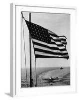 Airplane on Battleship Deck with American Flag in Foreground, World War II-null-Framed Photo