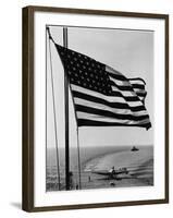 Airplane on Battleship Deck with American Flag in Foreground, World War II-null-Framed Photo